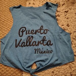 Blue Sleeveless Top with Puerto Vallarta Print